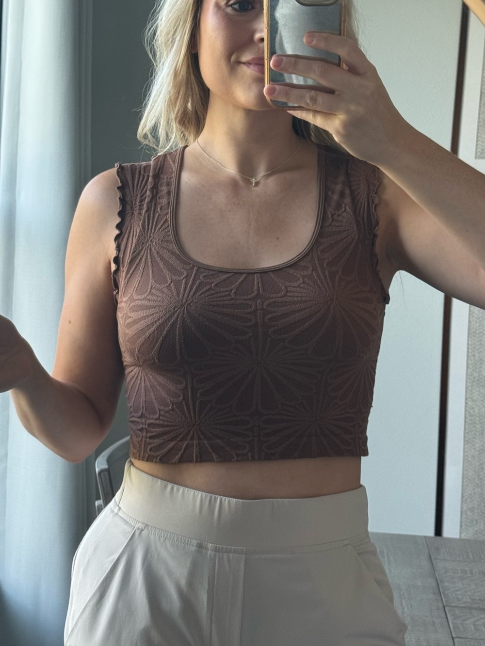 Brown Textured Scoop Neck Crop Tank Top